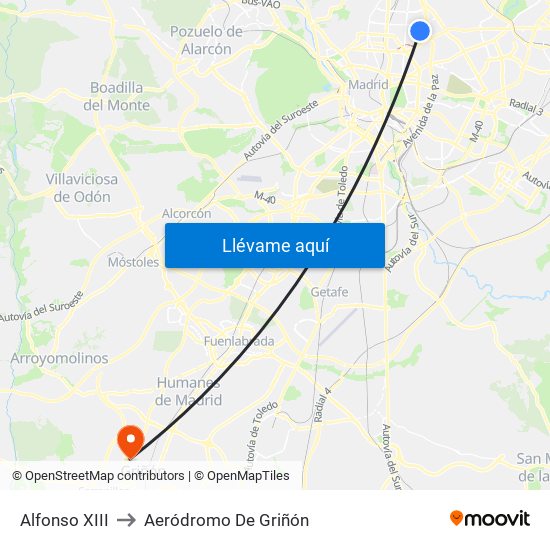 Alfonso XIII to Aeródromo De Griñón map