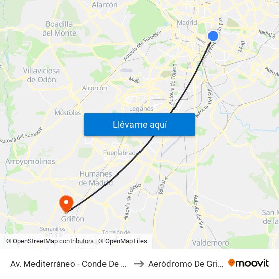 Av. Mediterráneo - Conde De Casal to Aeródromo De Griñón map