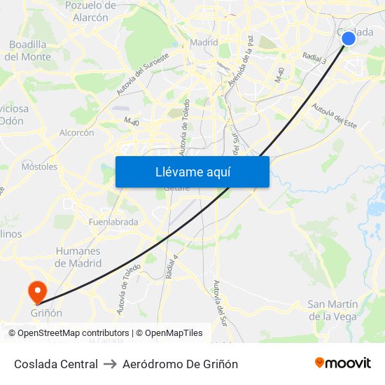 Coslada Central to Aeródromo De Griñón map