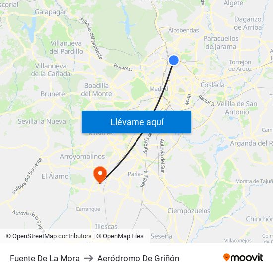 Fuente De La Mora to Aeródromo De Griñón map
