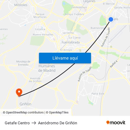 Getafe Centro to Aeródromo De Griñón map