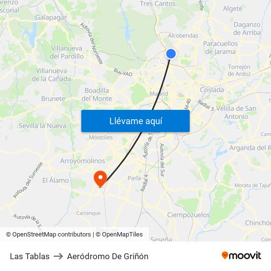 Las Tablas to Aeródromo De Griñón map
