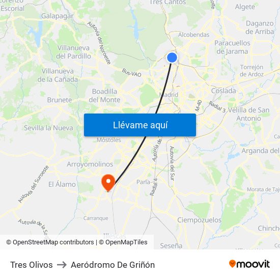 Tres Olivos to Aeródromo De Griñón map