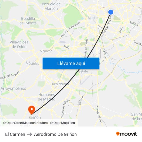El Carmen to Aeródromo De Griñón map