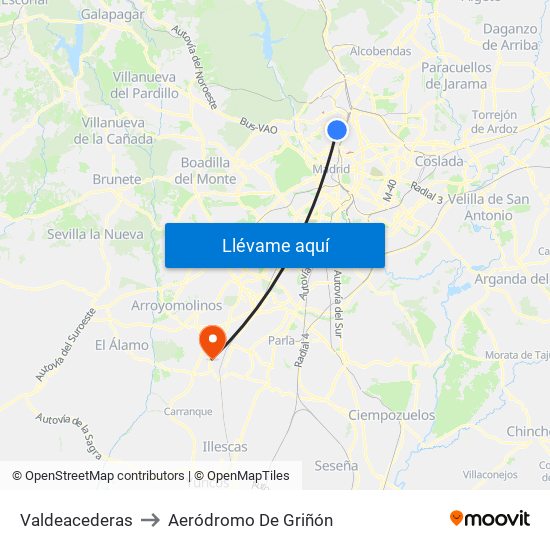 Valdeacederas to Aeródromo De Griñón map