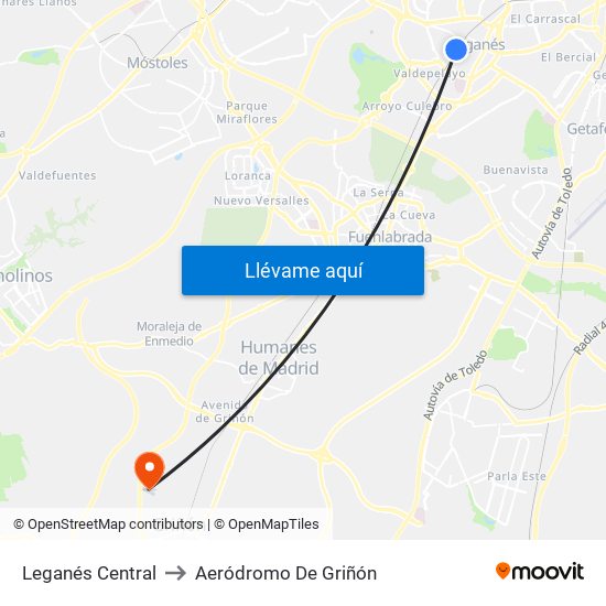 Leganés Central to Aeródromo De Griñón map