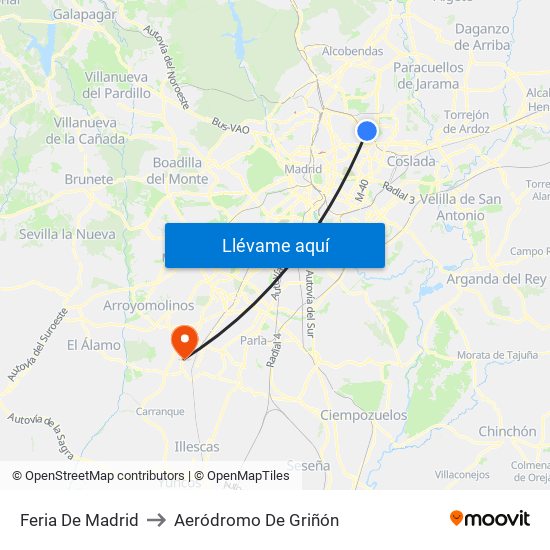 Feria De Madrid to Aeródromo De Griñón map