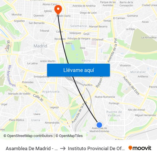 Asamblea De Madrid - Entrevías to Instituto Provincial De Oftalmología map