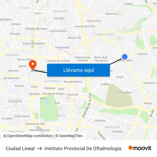 Ciudad Lineal to Instituto Provincial De Oftalmología map