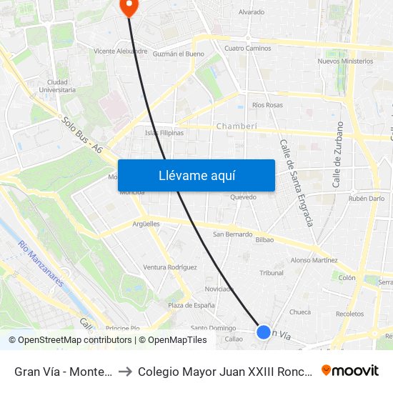 Gran Vía - Montera to Colegio Mayor Juan XXIII Roncalli map