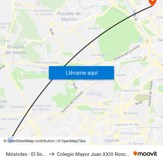 Móstoles - El Soto to Colegio Mayor Juan XXIII Roncalli map