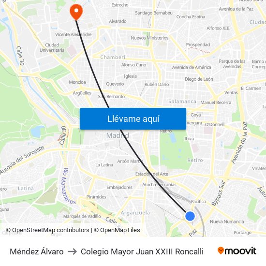 Méndez Álvaro to Colegio Mayor Juan XXIII Roncalli map