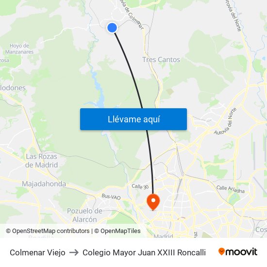 Colmenar Viejo to Colegio Mayor Juan XXIII Roncalli map