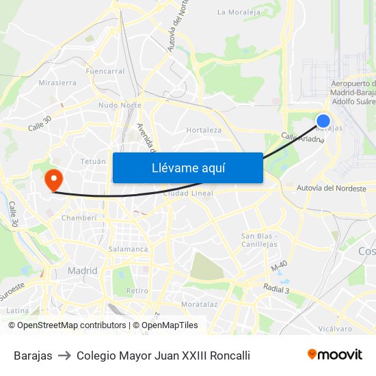 Barajas to Colegio Mayor Juan XXIII Roncalli map