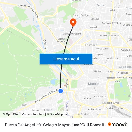 Puerta Del Ángel to Colegio Mayor Juan XXIII Roncalli map