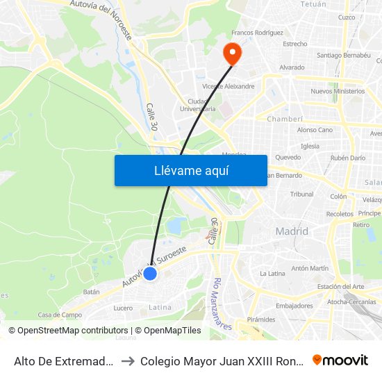 Alto De Extremadura to Colegio Mayor Juan XXIII Roncalli map