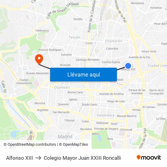 Alfonso XIII to Colegio Mayor Juan XXIII Roncalli map