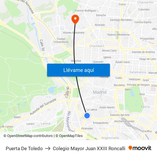 Puerta De Toledo to Colegio Mayor Juan XXIII Roncalli map