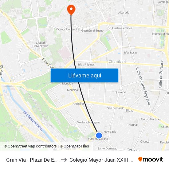 Gran Vía - Plaza De España to Colegio Mayor Juan XXIII Roncalli map