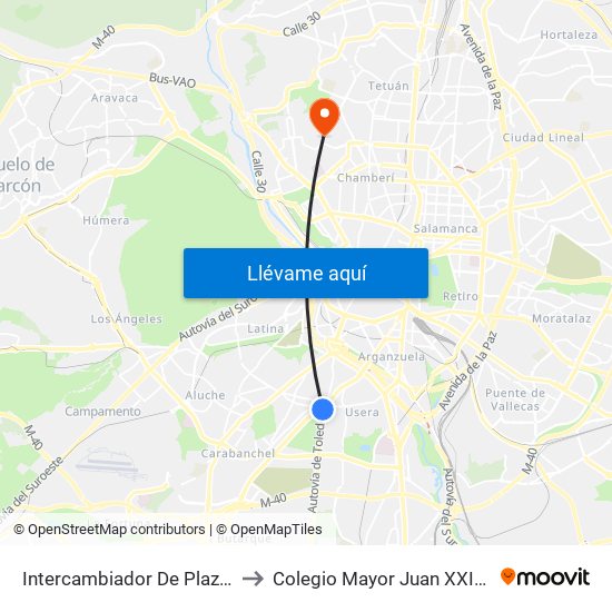 Intercambiador De Plaza Elíptica to Colegio Mayor Juan XXIII Roncalli map