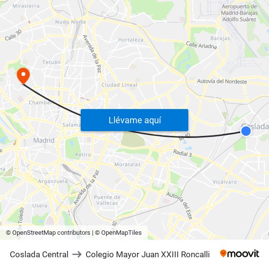 Coslada Central to Colegio Mayor Juan XXIII Roncalli map