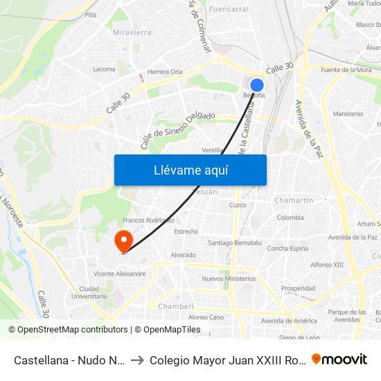 Castellana - Nudo Norte to Colegio Mayor Juan XXIII Roncalli map