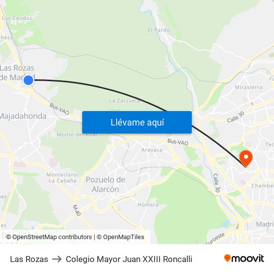 Las Rozas to Colegio Mayor Juan XXIII Roncalli map