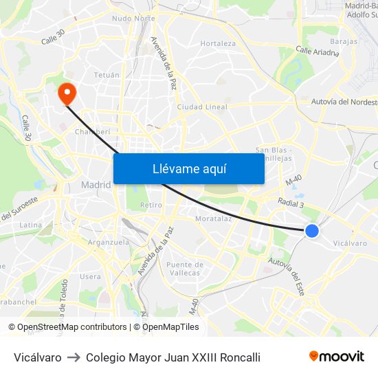 Vicálvaro to Colegio Mayor Juan XXIII Roncalli map