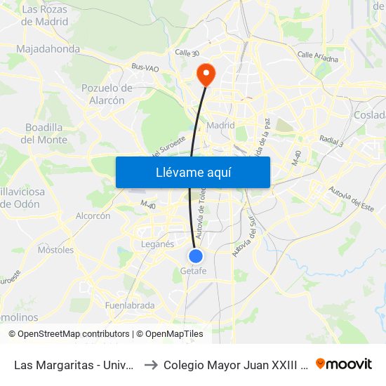 Las Margaritas - Universidad to Colegio Mayor Juan XXIII Roncalli map