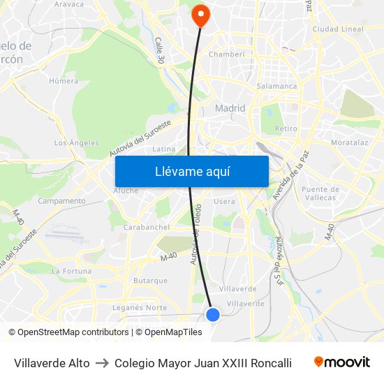 Villaverde Alto to Colegio Mayor Juan XXIII Roncalli map