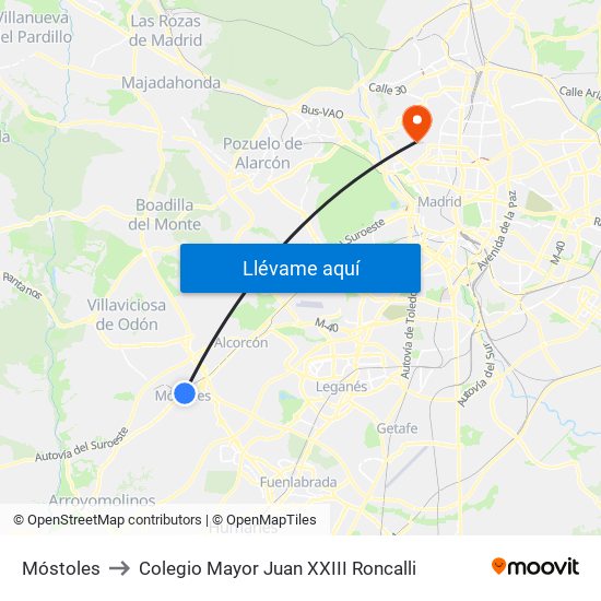Móstoles to Colegio Mayor Juan XXIII Roncalli map