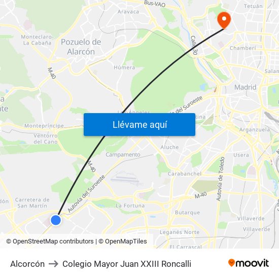 Alcorcón to Colegio Mayor Juan XXIII Roncalli map