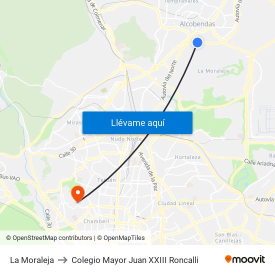 La Moraleja to Colegio Mayor Juan XXIII Roncalli map