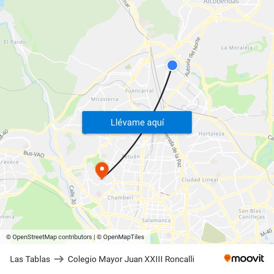 Las Tablas to Colegio Mayor Juan XXIII Roncalli map