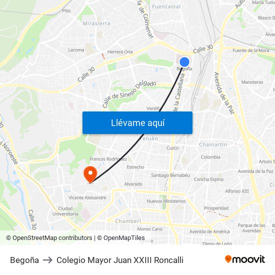Begoña to Colegio Mayor Juan XXIII Roncalli map