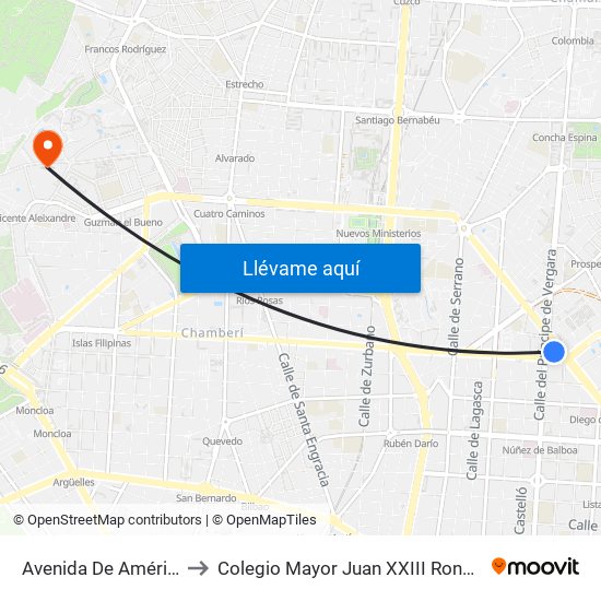 Avenida De América to Colegio Mayor Juan XXIII Roncalli map
