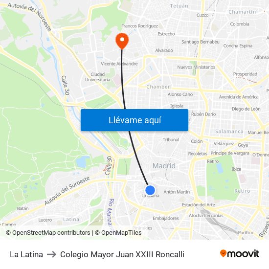 La Latina to Colegio Mayor Juan XXIII Roncalli map