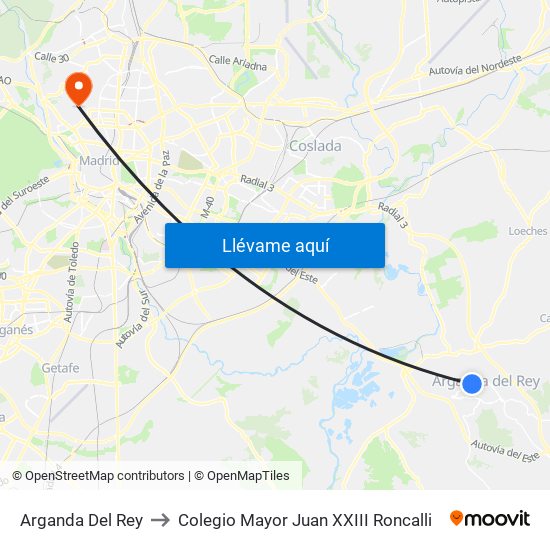 Arganda Del Rey to Colegio Mayor Juan XXIII Roncalli map