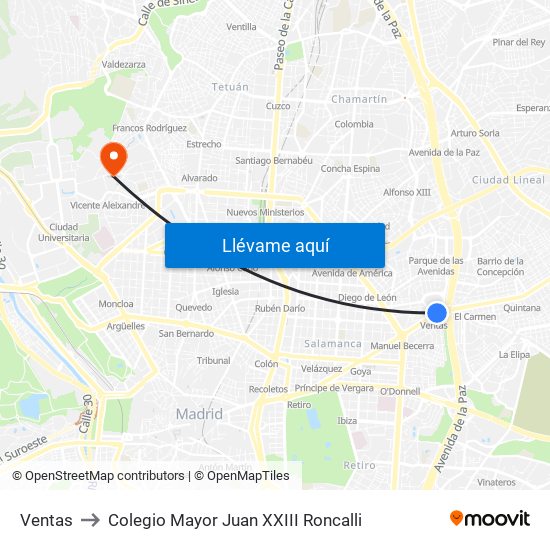 Ventas to Colegio Mayor Juan XXIII Roncalli map
