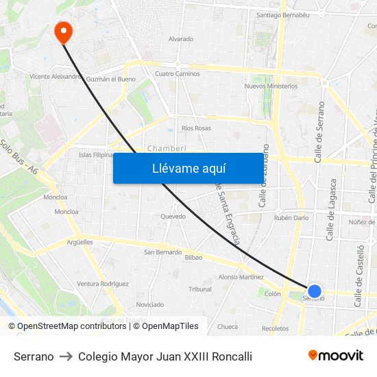 Serrano to Colegio Mayor Juan XXIII Roncalli map