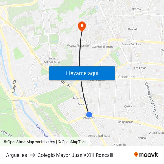 Argüelles to Colegio Mayor Juan XXIII Roncalli map