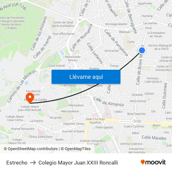Estrecho to Colegio Mayor Juan XXIII Roncalli map