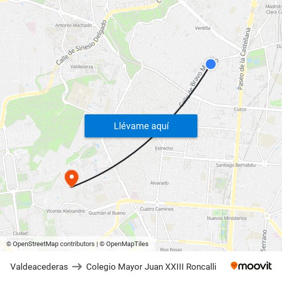 Valdeacederas to Colegio Mayor Juan XXIII Roncalli map