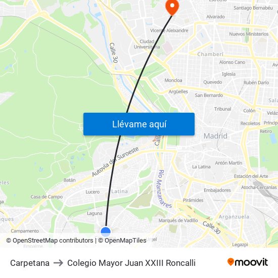 Carpetana to Colegio Mayor Juan XXIII Roncalli map