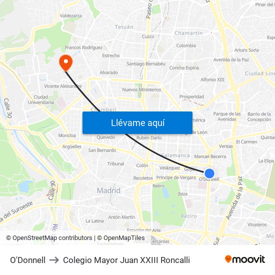 O'Donnell to Colegio Mayor Juan XXIII Roncalli map