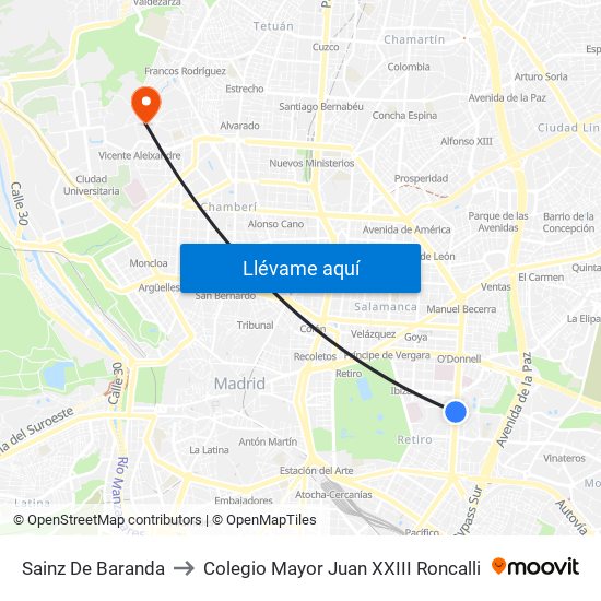 Sainz De Baranda to Colegio Mayor Juan XXIII Roncalli map