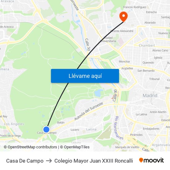 Casa De Campo to Colegio Mayor Juan XXIII Roncalli map