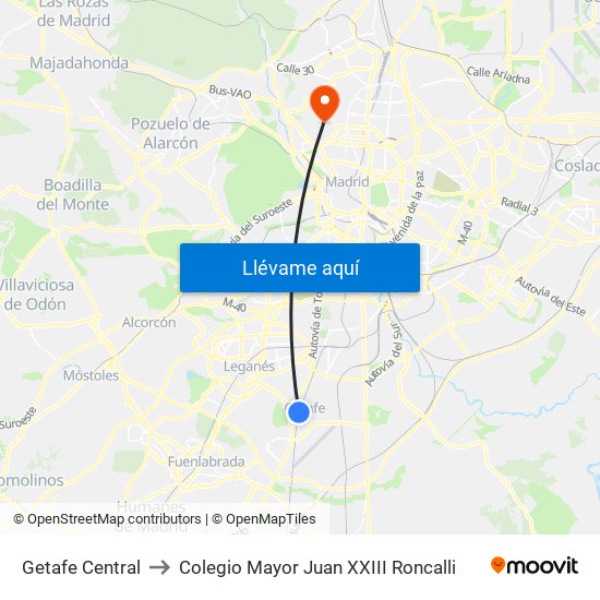 Getafe Central to Colegio Mayor Juan XXIII Roncalli map