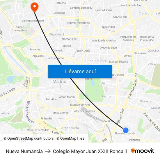 Nueva Numancia to Colegio Mayor Juan XXIII Roncalli map