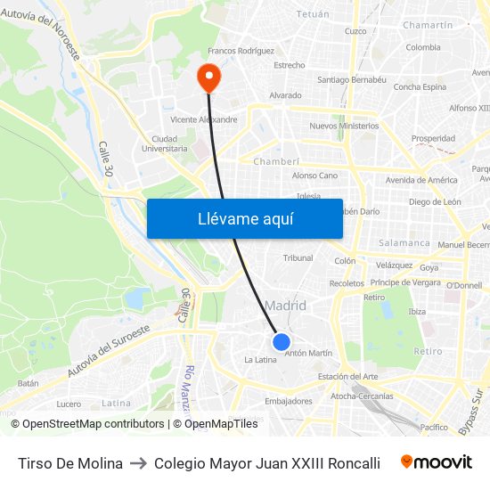 Tirso De Molina to Colegio Mayor Juan XXIII Roncalli map